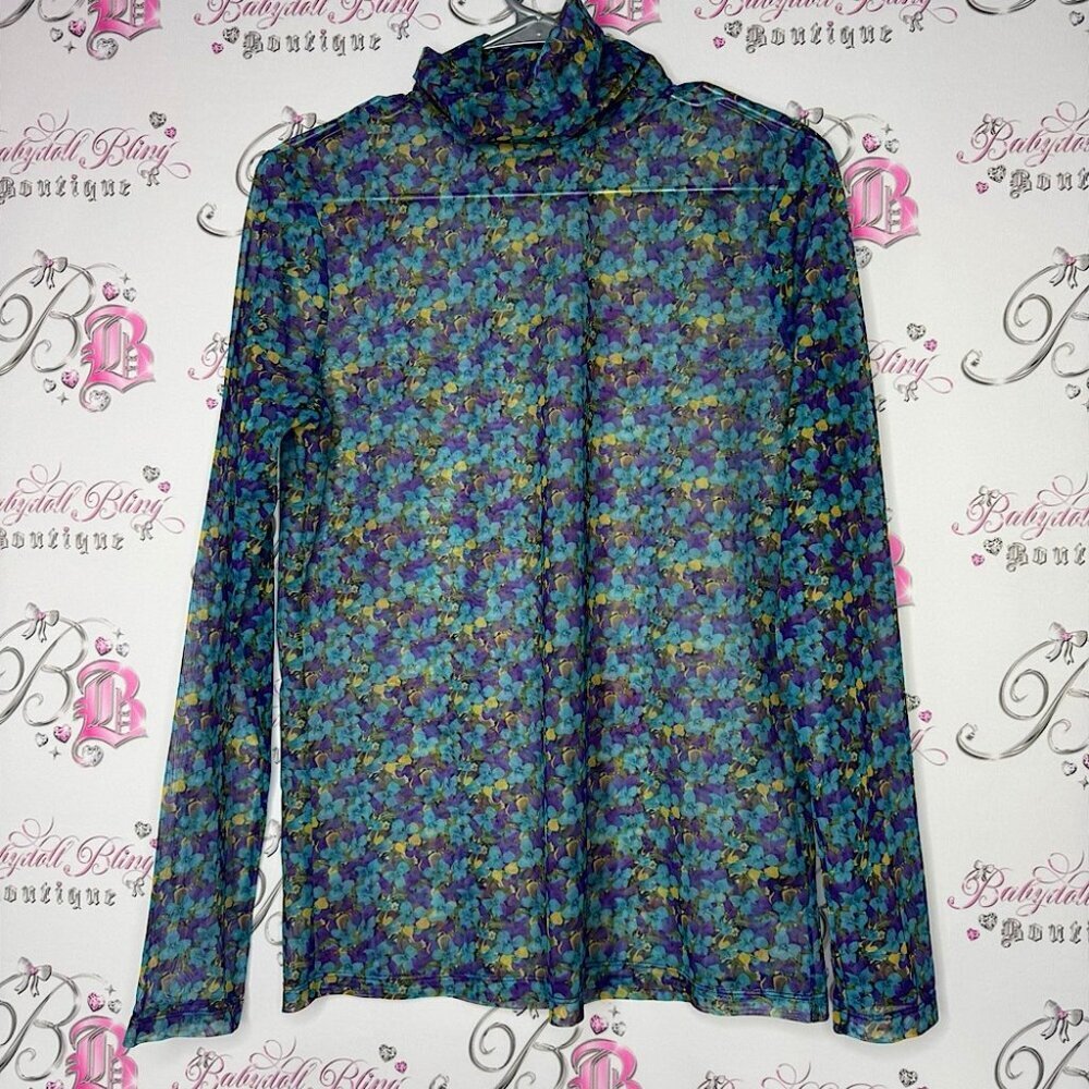 Tristan turtleneck mesh floral purple blue yellow stretchy top long sleeve sexy